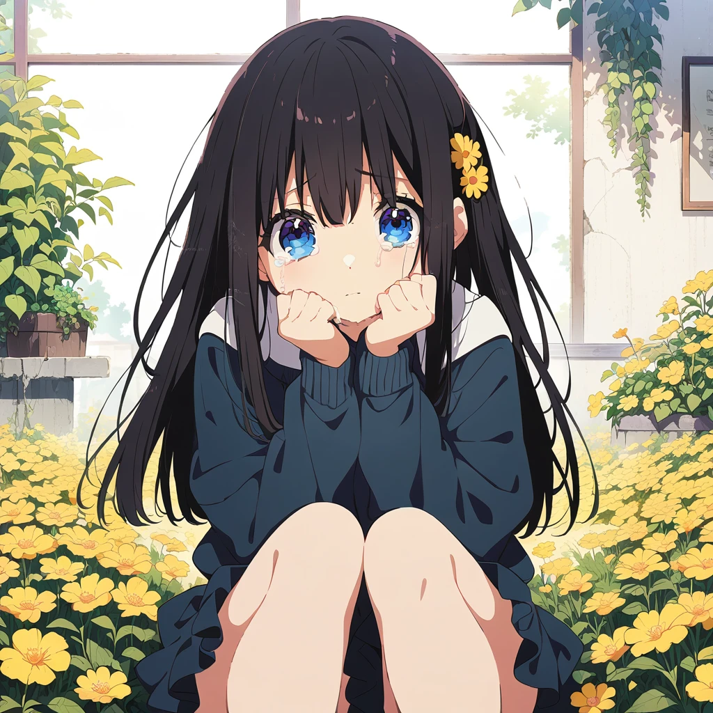 Masterpiece, Best quality, solo female, young girl, sister-like, blue eyes color, long hair, black color hair, teary eyes, crying, sparkless eyes, depression eyes, hopeless expression, anxiety, messy , flower hairpin, anime, illustration, full body 