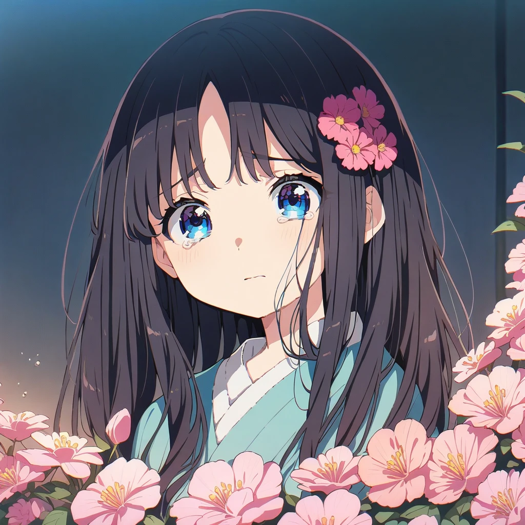 Masterpiece, Best quality, solo female, young girl, sister-like, blue eyes color, long hair, black color hair, teary eyes, crying, sparkless eyes, depression eyes, hopeless expression, anxiety, messy , flower hairpin, anime, illustration, full body 