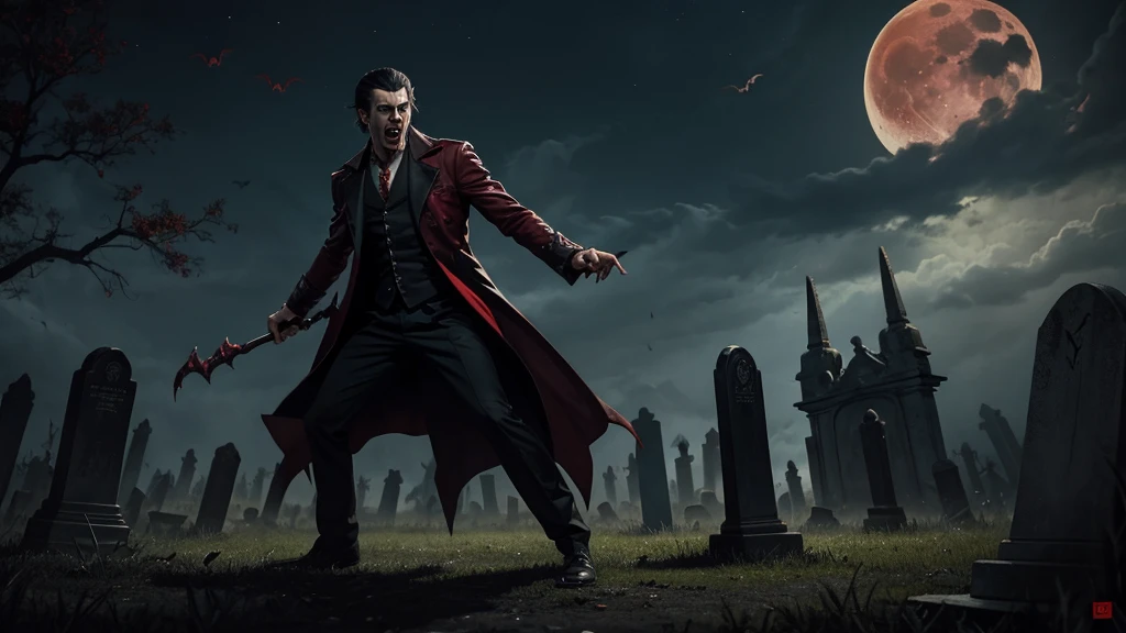 A male vampire standing aggressively on a graveyard, vampire bats are flying aggressively, night, horror, movie poster, oil painting effect, angry, motion, Indian, red eyeball, moon, long teeth, long nail,