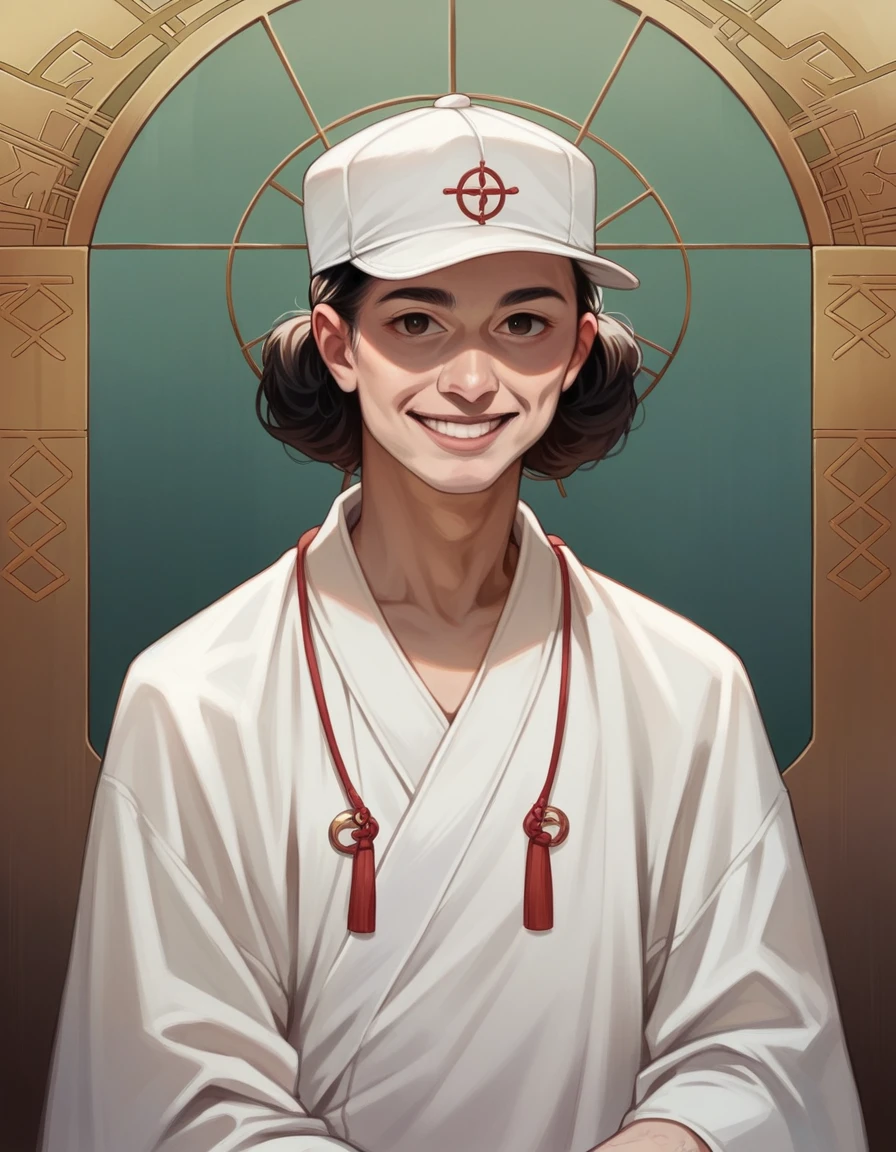 an Islamic religious lecturer, giving a lecture, wearing an all-white robe, white cap, charismatic, friendly smile, realistic, you know Ustad Wijayanto