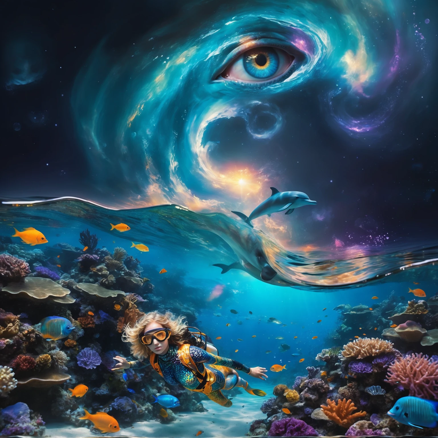 Create an endless ocean at night. Foreground: A huge luminescent barrier reef with glowing fishes and jellyfishes. incorporate floating bioluminescent orbs that drift lazily through the water, casting a soft glow. A woman snorkeling just below the surface, wearing a whimsical outfit that combines elements of a swimsuit and armor. The bodice has fish scale patterns in layers, creating depth with a smooth, slightly metallic surface that reflects light in iridescent hues of orange and gold. The shoulder pads have lace-like patterns with organic shapes, resembling plant tendrils. Add subtle, translucent silhouettes of mythical sea creatures in the background, barely visible but adding to the mystical feel. Midground: A dolphin jumping out of a wave, illuminated by moonlight filtering through the water. Background: A sky dominated by a massive cosmic eye, surrounded by swirling galactic patterns and luminous stars. Spiraling waves that seamlessly blend into the cosmic sky. Introduce a gentle, otherworldly melody that seems to resonate from the cosmic eye, creating an auditory illusion in the viewer's mind. Colors: Luminescent moonlight. Dominant tones of blue, turquoise, and violet. Accents of yellow and orange from the tropical fish.Composition: The scene should guide the viewer’s gaze from the detailed coral reefs and marine life in the foreground, to the dolphin in the midground, and finally to the cosmic eye and swirling waves in the background. Use lines and patterns to naturally direct the viewer’s attention upwards. Envelop the entire scene in a soft, shimmering haze that adds to the ethereal quality. Atmosphere: Evoke a mystical and dreamlike atmosphere, blurring the boundaries between reality and imagination. Create a sense of depth and dimension with sharp details in the foreground and midground, and a slightly softer focus on the cosmic elements in the background. A peaceful atmosphere, absolutely astonishing and beautiful landscape with very saturated colors