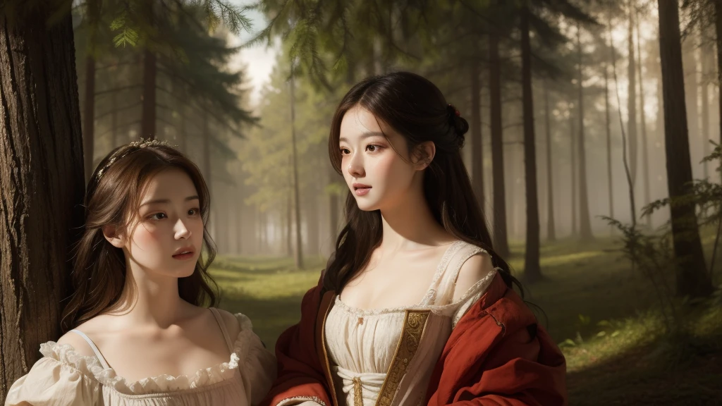 eighteenth century,a european lady,Forest sunshine,oil painting style,romantic,Exquisite facial features