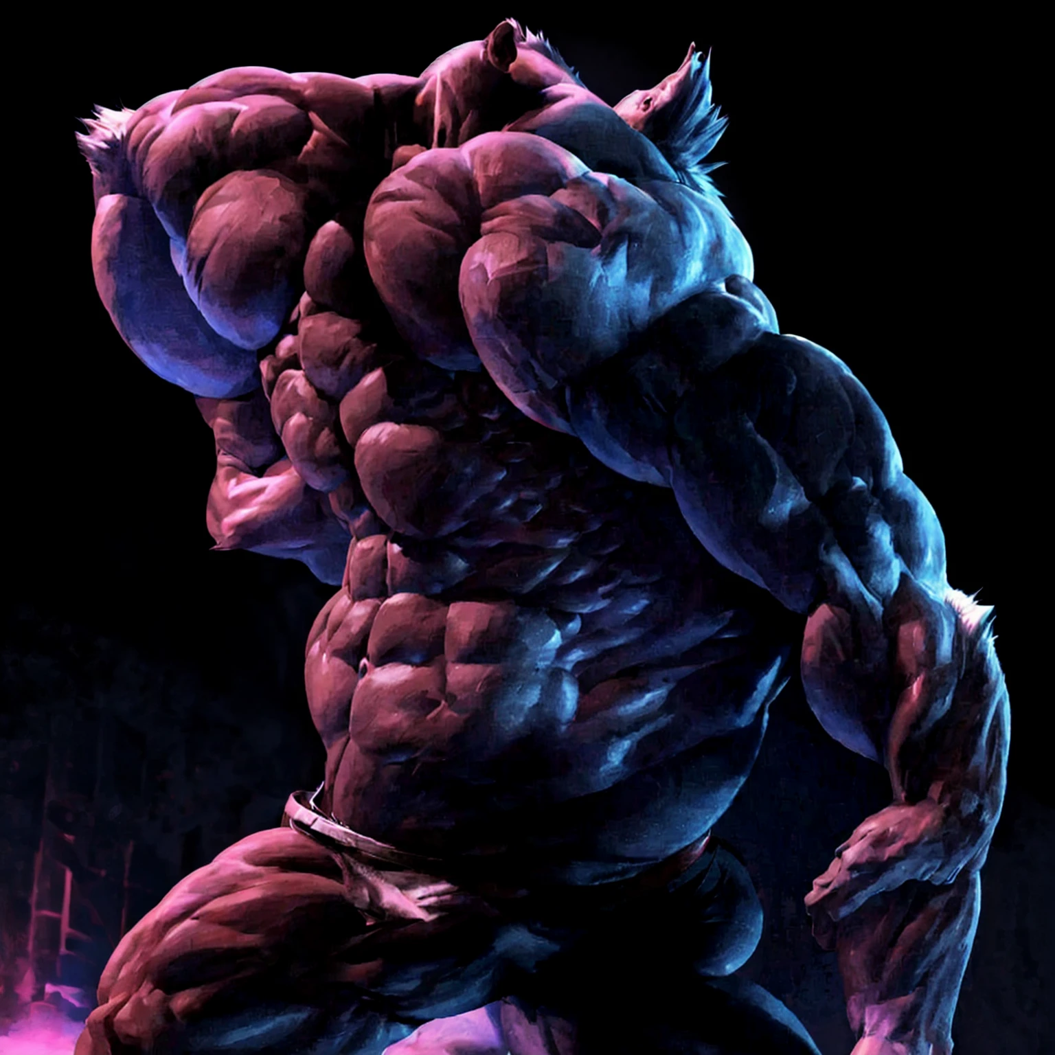 Expanded, showing off more of his muscular body,
Enhance his muscle structure. Add more muscles. 