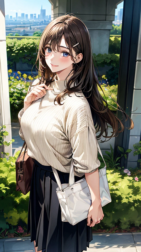 (masterpiece:1.3, Highest quality), (Realistic, photoRealistic:1.4), Beautiful illustrations, (Natural Side Lighting, Cinema Lighting),
Look down, whole body, From below, 1 Girl, Japanese, (reception), 20-year-old, Perfect Face, (Perfect Anatomy), Cute and symmetrical face, Shiny skin,
(Long Hair, Half Up, Light brown hair), Hair between the eyes, Dark blue eyes, Hair Clip, Long eyelashes, (Captivating thighs, Big Ass),
Beautiful Hair, Beautiful Face, Beautiful attention to detail, Beautiful clavicle, Beautiful body, Beautiful breasts, Beautiful thighs, Beautiful feet, Beautiful fingers,
((Very detailed costume, Ivory high neck sweater, Black pleated skirt, tote bag)),
(Beautiful views), Depth of written boundary, Late Afternoon, (garden, distant cityscape), Are standing, (Smile),