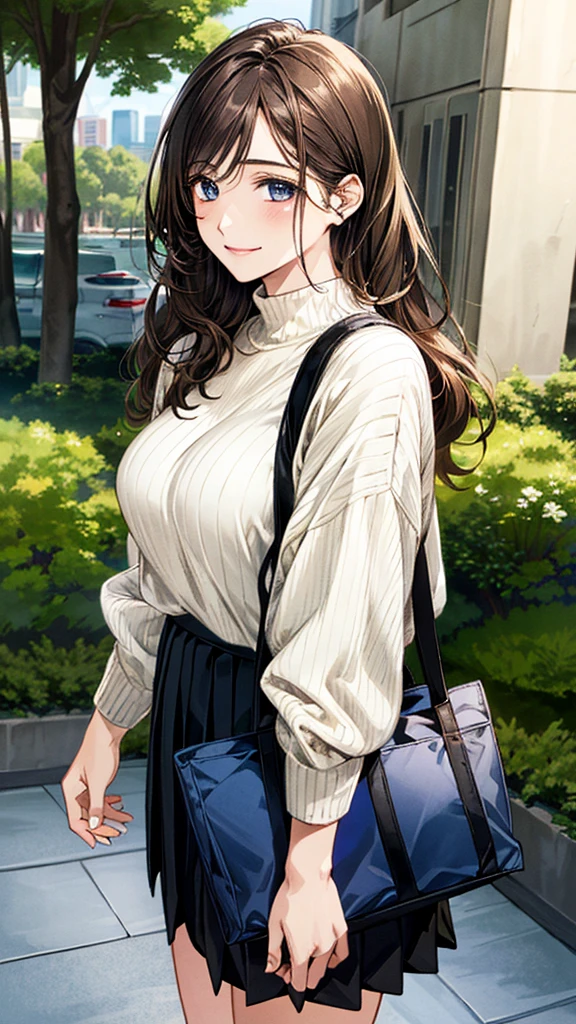 (masterpiece:1.3, Highest quality), (Realistic, photoRealistic:1.4), Beautiful illustrations, (Natural Side Lighting, Cinema Lighting),
Look down, whole body, From below, 1 Girl, Japanese, (reception), 20-year-old, Perfect Face, (Perfect Anatomy), Cute and symmetrical face, Shiny skin,
(Long Hair, Half Up, Light brown hair), Hair between the eyes, Dark blue eyes, Hair Clip, Long eyelashes, (Captivating thighs, Big Ass),
Beautiful Hair, Beautiful Face, Beautiful attention to detail, Beautiful clavicle, Beautiful body, Beautiful breasts, Beautiful thighs, Beautiful feet, Beautiful fingers,
((Very detailed costume, Ivory high neck sweater, Black pleated skirt, tote bag)),
(Beautiful views), Depth of written boundary, Late Afternoon, (garden, distant cityscape), Are standing, (Smile),