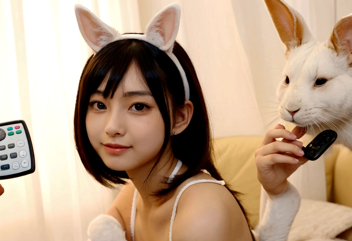 There&#39;s a woman in a cow costume holding a remote control., realistic Young Gravure Idol, Young Gravure Idol, Young and sexy gravure idol, Young and cute gravure idol, Charming cat girl, Young and skinny gravure idol, Cat-eared girl, With rabbit ears, Ayaka Cosplay, Woman with cat ears, Very beautiful cute cat girl