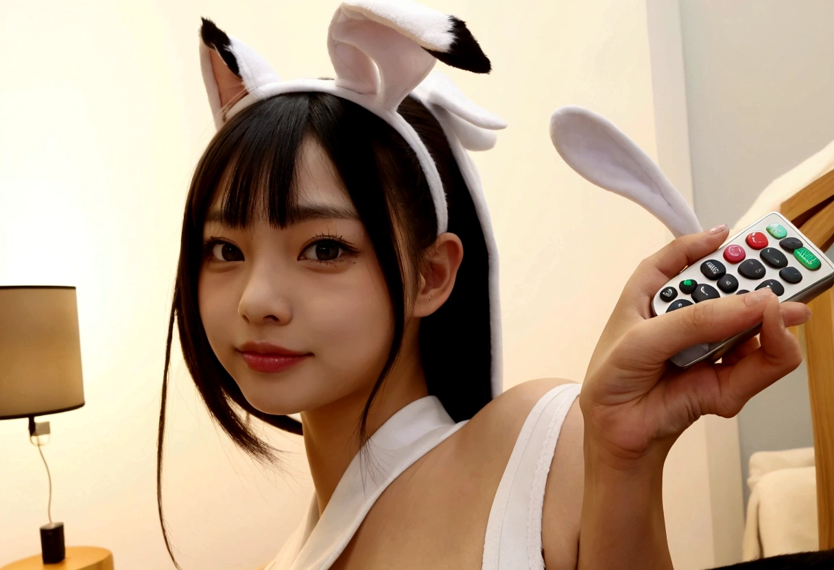 There's a woman in a cow costume holding a remote control., realistic Young Gravure Idol, Young Gravure Idol, Young and sexy gravure idol, Young and cute gravure idol, Charming cat girl, Young and skinny gravure idol, Cat-eared girl, With rabbit ears, Ayaka Cosplay, Woman with cat ears, Very beautiful cute cat girl