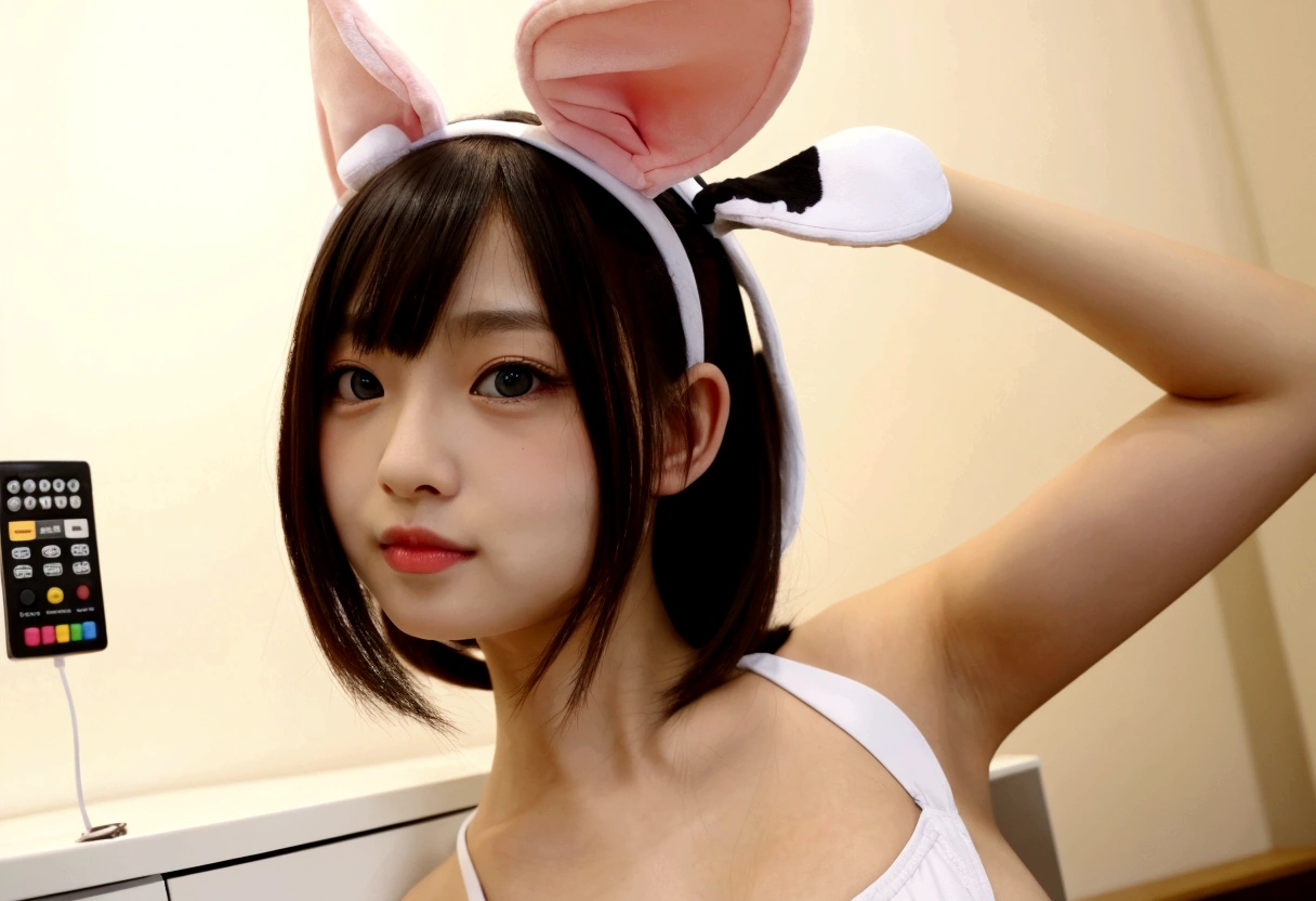 There's a woman in a cow costume holding a remote control., realistic Young Gravure Idol, Young Gravure Idol, Young and sexy gravure idol, Young and cute gravure idol, Charming cat girl, Young and skinny gravure idol, Cat-eared girl, With rabbit ears, Ayaka Cosplay, Woman with cat ears, Very beautiful cute cat girl