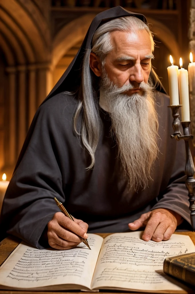 An elderly medieval writer with long gray hair and beard, inside a monastery, by candlelight, writing on parchment with a quill