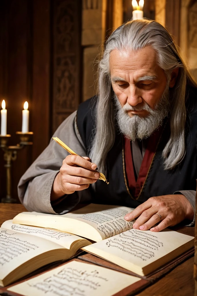 An elderly medieval writer with long gray hair and beard, inside a monastery, by candlelight, writing on parchment with a quill