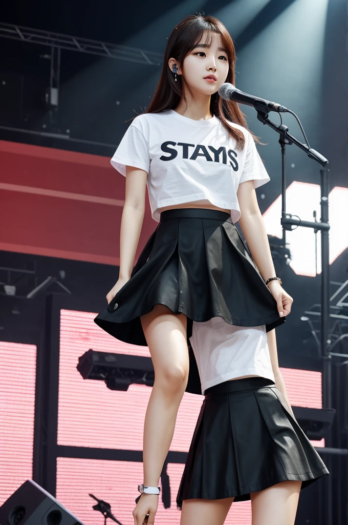 Girl with Korean features wearing a white t-shirt that says sgirls and a black skirt giving a concert