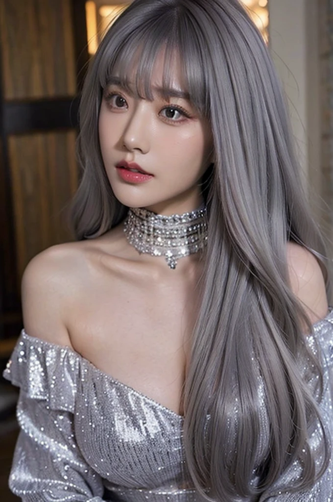 Big Tits,Clothing,Décolletage,Off the shoulder,Plump flesh,254K,choker,Heavy makeup,Center-parted bangs,(Silver ash hair color:1.2),long hair,Curly Hair,Rui々Skin type