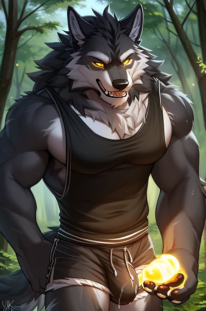 close up, furry, anthro, giant werewolf,wolf ears,wolf tail, dark grey and white fur, messy fur, neck floof, yellow glowing eyes, razor sharp teeth, sabertooth, long sabertooth, muscular body, handsome, monstrous, posing in a forest, daytime, alone, wearing a white baggy tank top, black denim shorts, giant bulge, body covered in scars, pawpads, black pawpads, best quality, 4K, UHD, masterpiece,