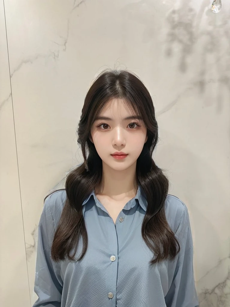 Best Quality, 8k, Masterpiece, (Portrait: 1.3), (photo realistic:1.4), (hyper realistic:1.4), Sharp Focus, looking at viewer, (smoother lighting:1.1), (increase cinematic lighting quality:0.9), realistic lighting, backlighting, light on face, ray trace, (brightening light:1.2), (Increase quality:1.4), sharp detail, (best quality real texture skin:1.4), finely detailed eyes, black_eyes, finely detailed face, 25 year old Korean woman, (white formal_shirt:1.4), (Create an image maintaining the original base model hairstyle:1.5)