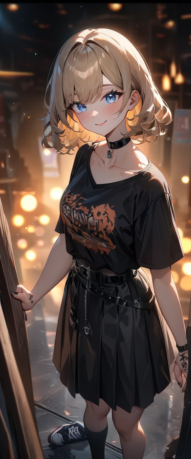 (((One girl))), from back, looking back, ((sexy goth girl, beautiful, choker, black t-shirt, black tattoos on hand, belt, black skirt, long black socks, sneakers)), blond hair, inwardly curled hair, ((bob cut:1.3, wavy hair)), breasts, (full body), standard body, (looking at viewer), collarbone, ager, head tilt:1.3, (((blue eye))), ((happy smile)), (((anime style))), (best quality, 4k, 8k, highres, masterpiece:1.2, ultra-detailed, ultra-detailed eyes, HDR, UHD, studio lighting, ultra-fine painting, sharp focus, physically-based rendering, extreme detail description, professional, vivid colors, bokeh), ((Highest quality, Best image quality, Ultra-high resolution, Ultra-high resolution, solo, Strong eye highlights)), Depth of written boundary, Natural soft light, attractive, Beautiful Face, Cleanliness, Pure Face, nedium chest, Beautiful Face, Perfect Fingers, Perfect hands, Perfect body, Perfect Face, Shine a light into your eyes, Perfect Anatomy