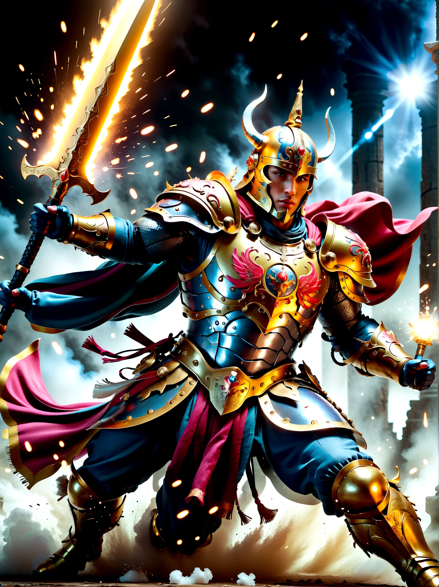 A dramatic scenario depicting a mighty heavenly battle. The scene is filled with warriors donning shining celestial armor, each with unique adornments that gleam with divine aura. They are caught in a historic clash with the malevolent forces of darkness. The intense combat is frozen in time as though captured by a high-speed camera. High contrast lighting casts stark shadows and highlights across the battlefield, while vibrant colors breathe life into the epic confrontation. The warriors are in dynamic poses, their expressions exuding determination and unwavering courage. This is a manifestation of epic and timeless fantasy