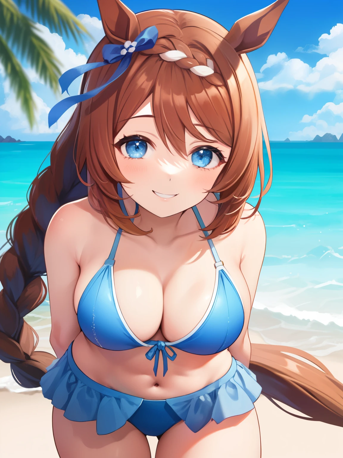 ((Highest quality, masterpiece, High resolution)), One girl, Super Creek\(umamusume\), Swimwear, Large Breasts, Cleavage, (Horse tail), smile, smile, Sandy Beach, Beach, Light blue bikini, Are standing, Hands Behind Back, forward leaning posture