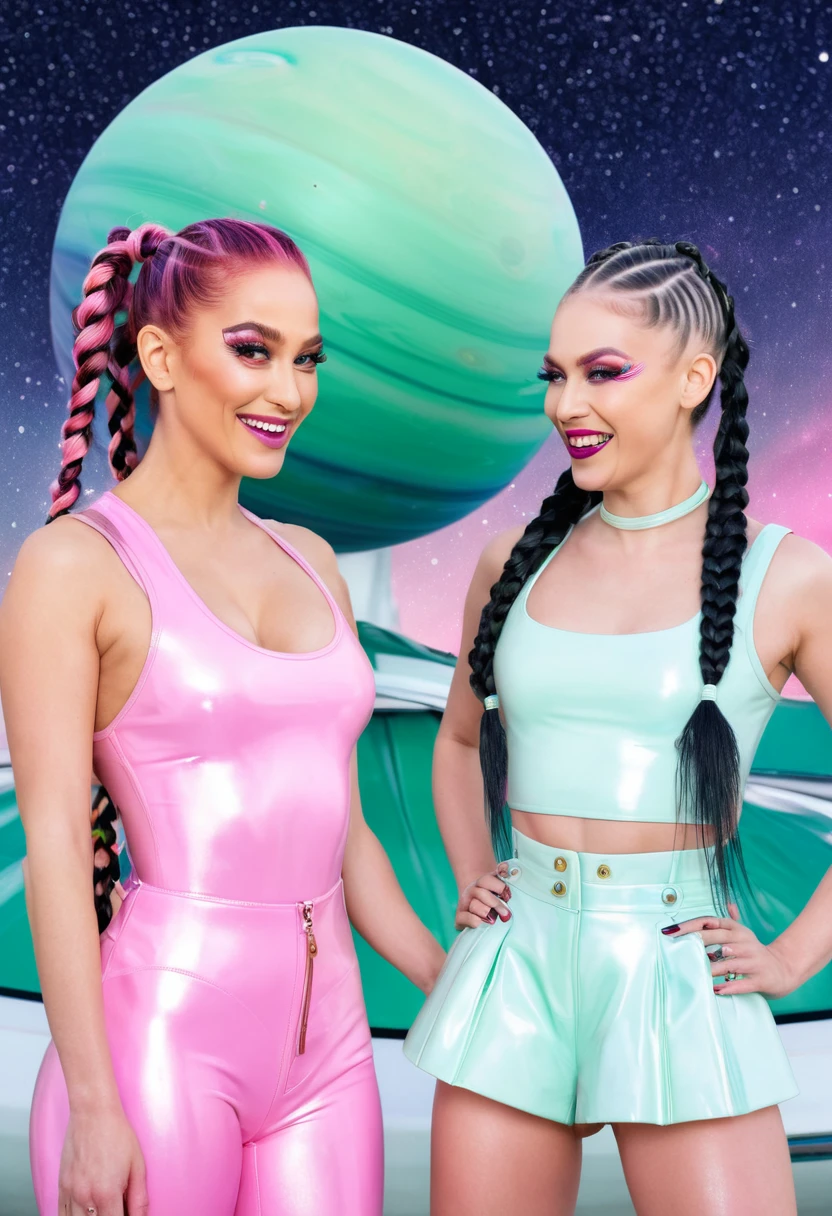 two women in latex standing next to each other in front of a a Saturn that is rotating in outer cosmic a pastel, shutterstock contest winner, pop surrealism, made of cosmic, steven meisel, neighborhood, faberge, windy floating hair, air brush, joe webb, cosmic, (((luke chueh))), a portrait, trending on instagram, toyism, pigtail braids, j - lo, colorful rave makeup, on set, wwe, nigth, aleksandra waliszewska, green and pink, long braided hair pulled back, closeup - view, group photo, both laughing, lv
