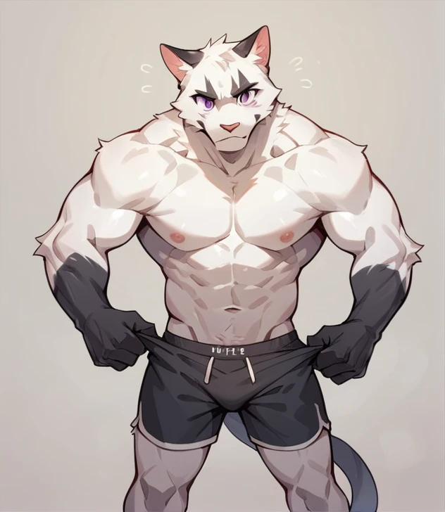 Ultra muscular and exaggeratedly toned white cat. White fur on its body. black hands. purple eyes. White glue. Nude. a pair of boxers