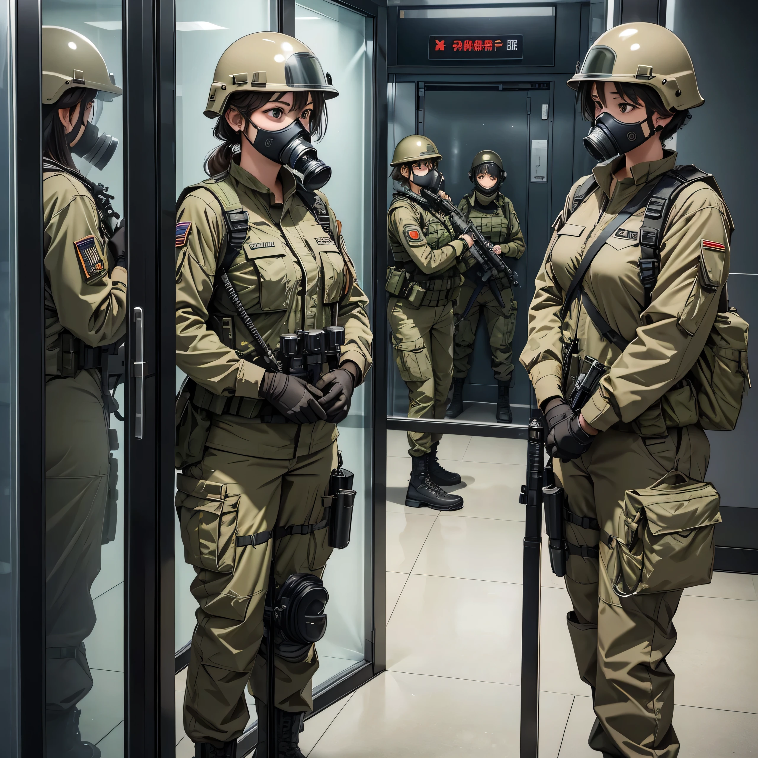 A group of female special forces soldiers wearing gas masks、Put on a helmet、Wearing beige M-51 military uniform、Get out of the elevator、Write details、masterpiece、best quality、Highly detailed CG、8K picture quality