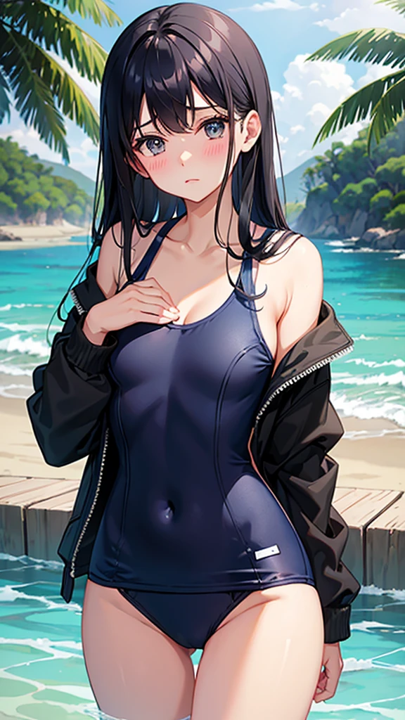 Navy blue school swimsuit　Black Hair Semi-Long　Great style　blush　Embarrassed　beach