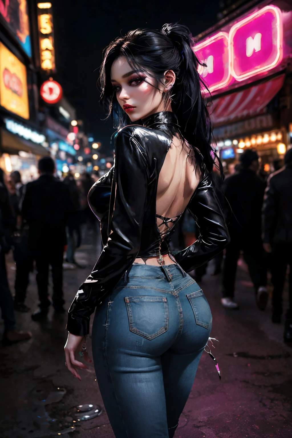 The image depicts a young woman strolling in a vibrant, nocturnal street teeming with colorful neon lights and a lively crowd. She is elegantly clad in a striking black ensemble, featuring an unconventional design with a star-like top that contrasts beautifully with her denim pants. Her long, raven-black hair cascades down her back, a portion of it neatly tied up in a chic style. Her eyes are accentuated by dramatic makeup, creating a captivating and alluring aura. The overall image is crisp and detailed, boasting a high resolution that captures the essence of the bustling nightlife, with the young woman standing out