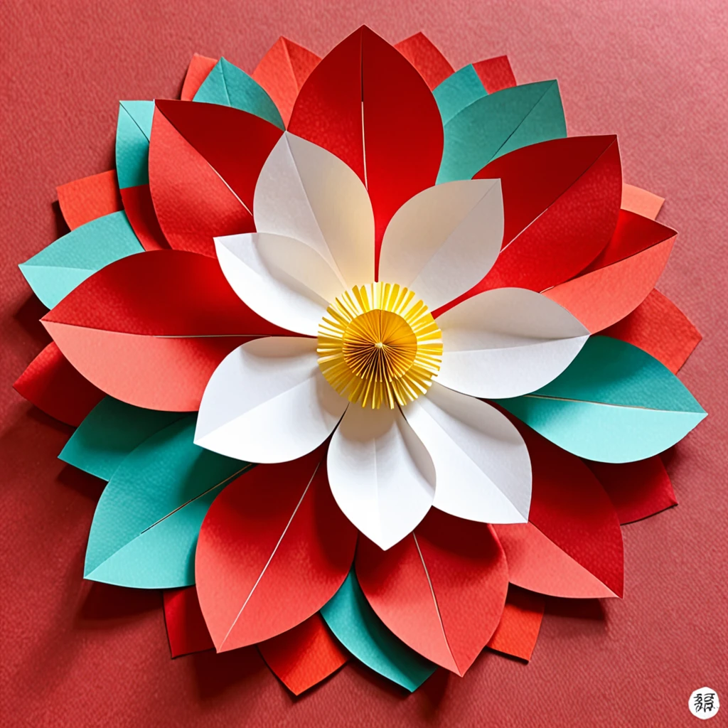 平面剪Paper风格，flower，red，Paper，Color blocking，((Round))