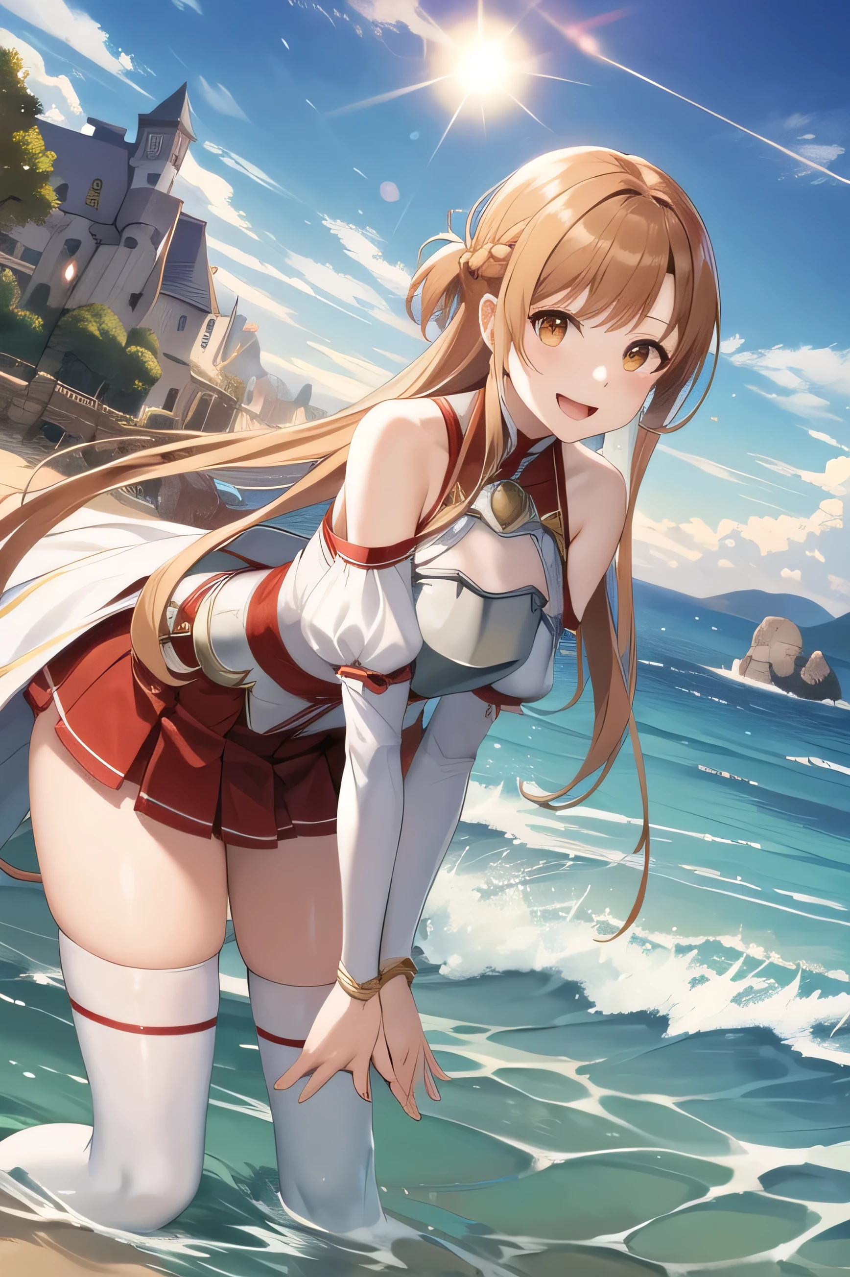 masterpiece, Highest quality, High resolution, Ahh sun, Long Hair, Brown Hair, Braiding, Brown eyes, Bare shoulders, armor, breastplate, White sleeves, Removable sleeves, Red Skirt, Pleated skirt, White knee socks, wave hands, smile, Leaning forward, Open your mouth, town, Fantasy