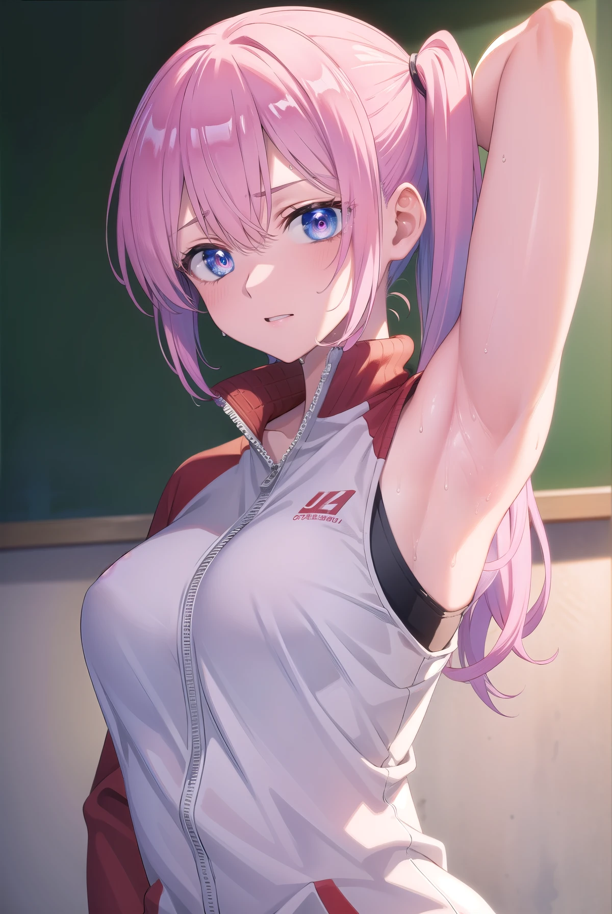 miyakoshikimori, miyako shikimori, long hair, blue eyes, hair between eyes, pink hair,
BREAK  sleeveless, side ponytail, track jacket, track suit,
BREAK looking at viewer,
BREAK indoors, classroom,
BREAK (masterpiece:1.2), best quality, high resolution, unity 8k wallpaper, (illustration:0.8), (beautiful detailed eyes:1.6), extremely detailed face, perfect lighting, extremely detailed CG, (perfect hands, perfect anatomy), ((armpits)), ((full of sweat)), sweaty, ((dripping wet armpits)), close up armpits