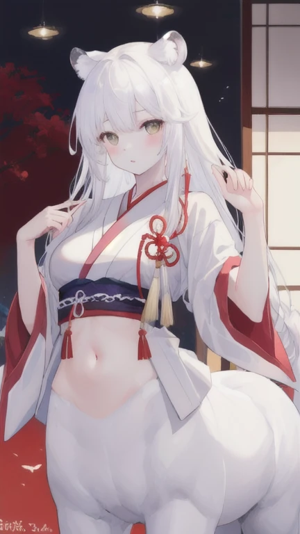 (best quality, masterpiece), 1 girl, centaur, It takes, White skin, Japanese  , exposing the abdomen,belly button t-shirt, 아름다운 소녀 perfect white tiger photo, perfect white tiger photo