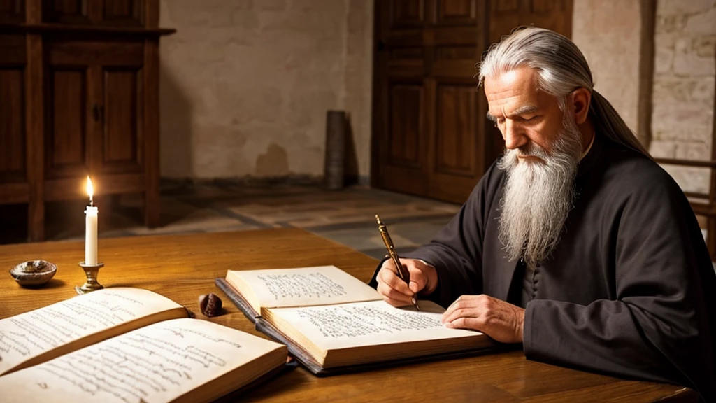 An elderly medieval writer with long gray hair and beard, inside a monastery, by candlelight, writing on parchment with a quill