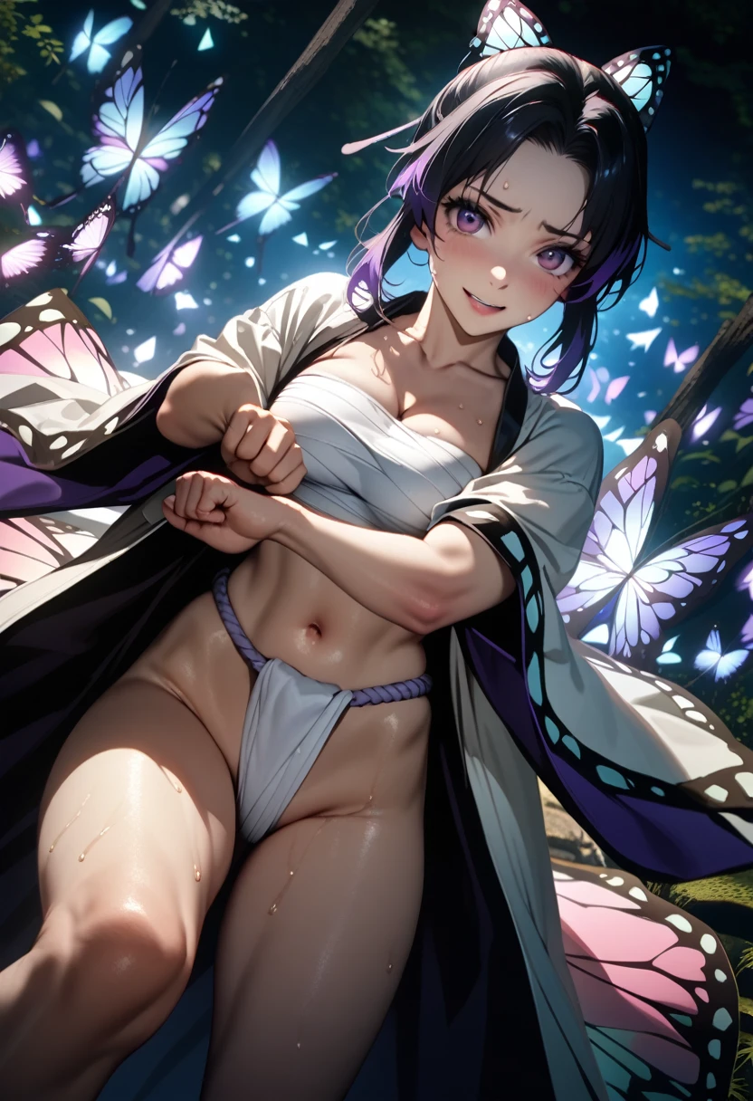 k0ch0ush1n0bu, shinobu kochou, (Taisho era:1.2),naked, black hair, ((flying many butterfly background:1.5)), butterfly hair ornament, butterfly print, forehead, gradient hair, hair ornament, haori, multicolored hair, parted bangs, purple hair, short hair, two-tone hair,(purple japanese fundoshi:1.2),butterfly print, coat,,1  japanese muscular girl,perfect hands, perfect finger,perfect anatomy, masterpiece, best quality,realistic, hyperrealistic, 16k hdr,medium breasts,cleavage,outdoor,night,japanese old garden,,sweat,embarrassment,dynamic pose,navel,dynamic angle,pose for photo,(japanese sarashi:1.2),standing,looking at viewer,(smile:0.8),(from below:0.8)