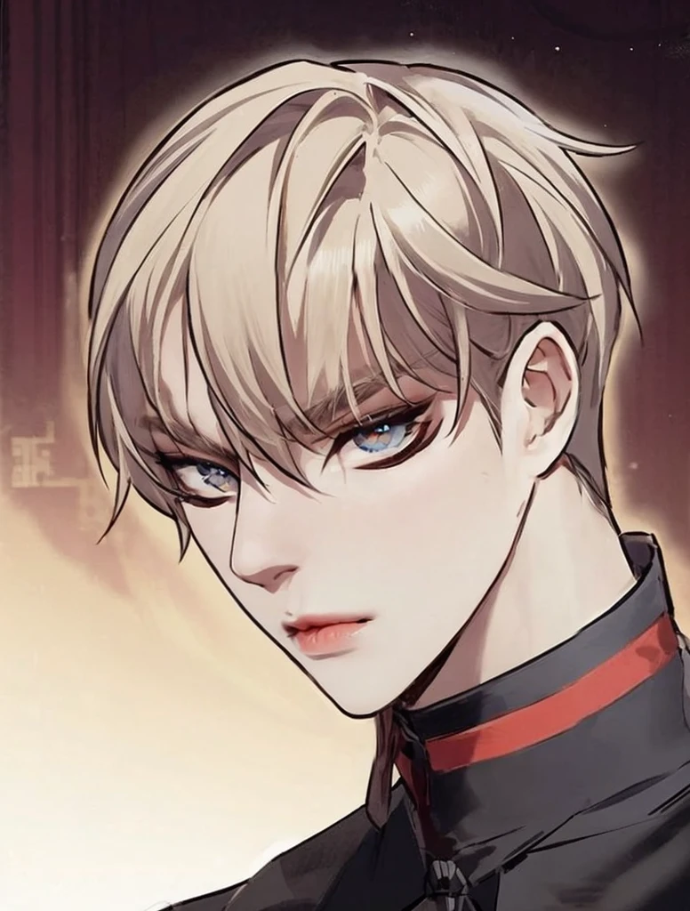 (masterpiece,best quality,ultra_detailed,highres,absurdres),1 mature male, 30-ish, (wide shoulder), (muscular), male focus, solo, blonde hair, chain, shirt, black necktie, necktie, simple background, brown eyes, upper body, vest, long hair, looking at viewer, parted lips, collared shirt, round eyewear, long sleeves, black shirt, black vest, monocle, jewelry, lawyer, court background.