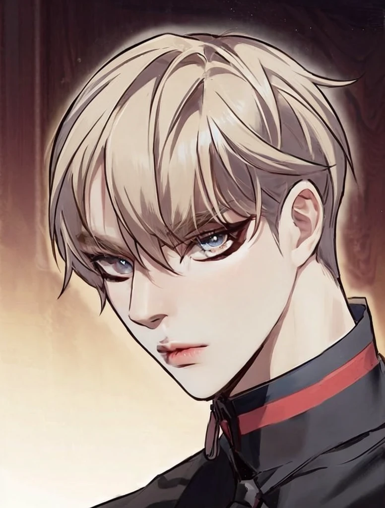 (masterpiece,best quality,ultra_detailed,highres,absurdres),1 mature male, 30-ish, (wide shoulder), (muscular), male focus, solo, blonde hair, chain, shirt, black necktie, necktie, simple background, brown eyes, upper body, vest, long hair, looking at viewer, parted lips, collared shirt, round eyewear, long sleeves, black shirt, black vest, monocle, jewelry, lawyer, court background.