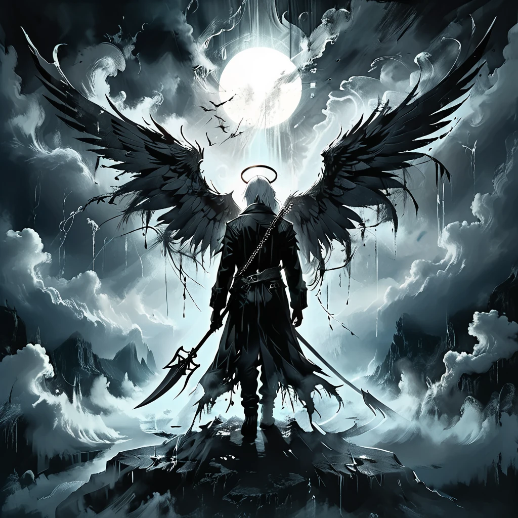 (masterpiece, best quality), (1boy), (dark angel, white hair, black wings, halo, back view), (chains, tattered clothing, holding scythe), (standing on clouds, ethereal background, floating symbols), (dramatic lighting, high contrast, dynamic composition), (detailed wings, intricate details, apocalyptic theme), (mysterious, ominous, powerful)
