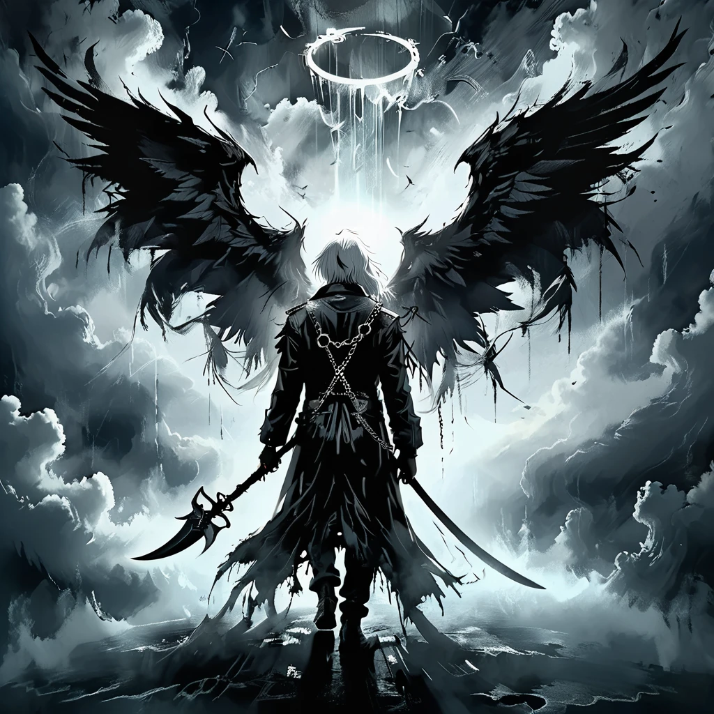 (masterpiece, best quality), (1boy), (dark angel, white hair, black wings, halo, back view), (chains, tattered clothing, holding scythe), (standing on clouds, ethereal background, floating symbols), (dramatic lighting, high contrast, dynamic composition), (detailed wings, intricate details, apocalyptic theme), (mysterious, ominous, powerful)