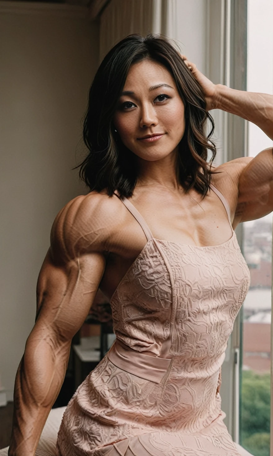 a beautiful picture of fukuharaXL ,woman,dark hair,detailed skin texture,muscular body,muscular arms,bulging biceps,masterpiece, photorealistic, light, RAW color photo,(fully in frame:1.1), (blush:0.5), (goosebumps:0.5),wearing a dress,detailed face,indoors, (smile:0.5), film grain,cinematic lightning,
