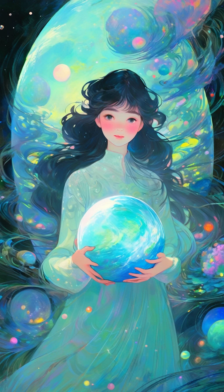 Girl holding a planet in her arms，close，Shining in fluorescent colors，Transparency，dream，Monet&#39;s Color Scheme，Texture Matte，high quality，High resolution，Rose，green，Neon Light，Space Background