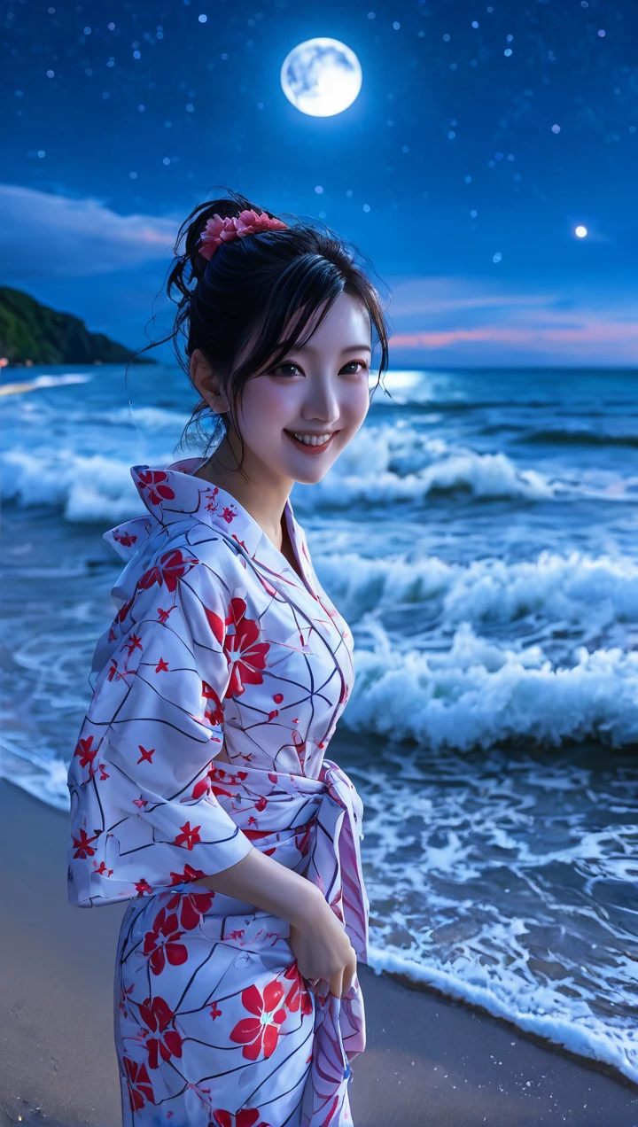 At night by the seaside with twinkling stars and a shining moon, a cute Japanese woman in a properly worn yukata walks happily along the shore, holding up her hem slightly to avoid getting wet by the waves