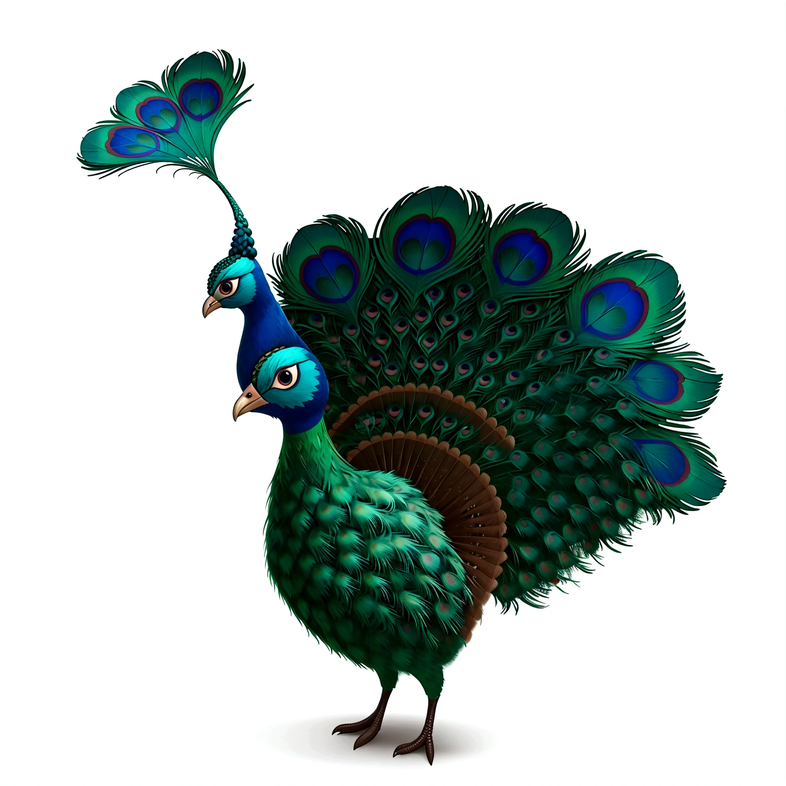 A peacock with its magnificent tail feathers fully spread, creating a perfect fan shape. The word "Peacock" is written in large, friendly letters next to it.