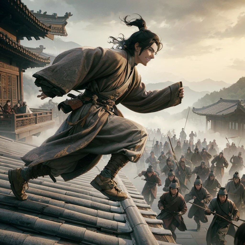 (Best Quality:1.2), (high resolution:1.2), (beautiful face and eye:1.2), (sharpest focus:1.2), (Ultra-realistic Photo:1.2), (Ultra-precise Photo:1.2), (Depth of field:1.2), (perfect ???????:1.2), (nice hands:1.2), (perfect hands:1.2), 
(Chinese period drama:1.0), (35 years old:1.8), (Dull commoner very small man in Song dynasty China:1.5), (Lowly but somehow charming smile:1.8), (Leaping over the roof with great ease:1.8), (Hunchback:1.0), 
(Many soldiers chasing a small man in a capture book:1.0 ), (towel wrapped around head:1.0), 