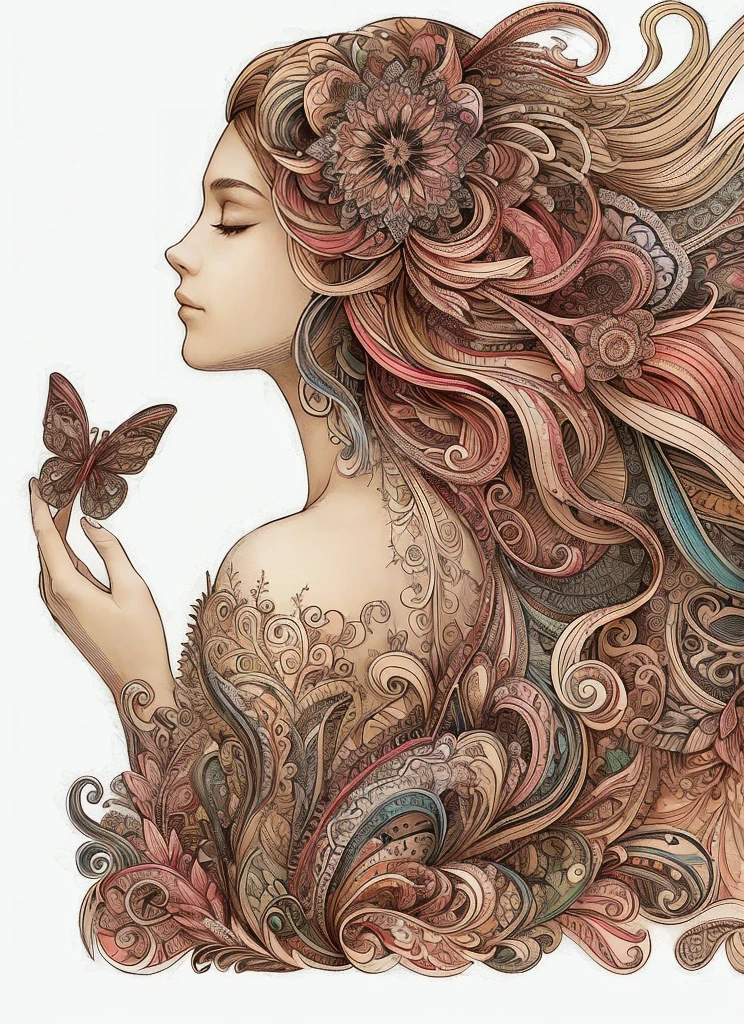 （Beauty side face，long whitr hair，eye closedasterpiece Narcissus），with rainbow colored background，（illustratio：1.2，paper art：1.2，zentangle，3Drenderingof），（best qualtiy，high detal，tmasterpiece，Cinematic lighting effects，4K，Chiaroscuro）