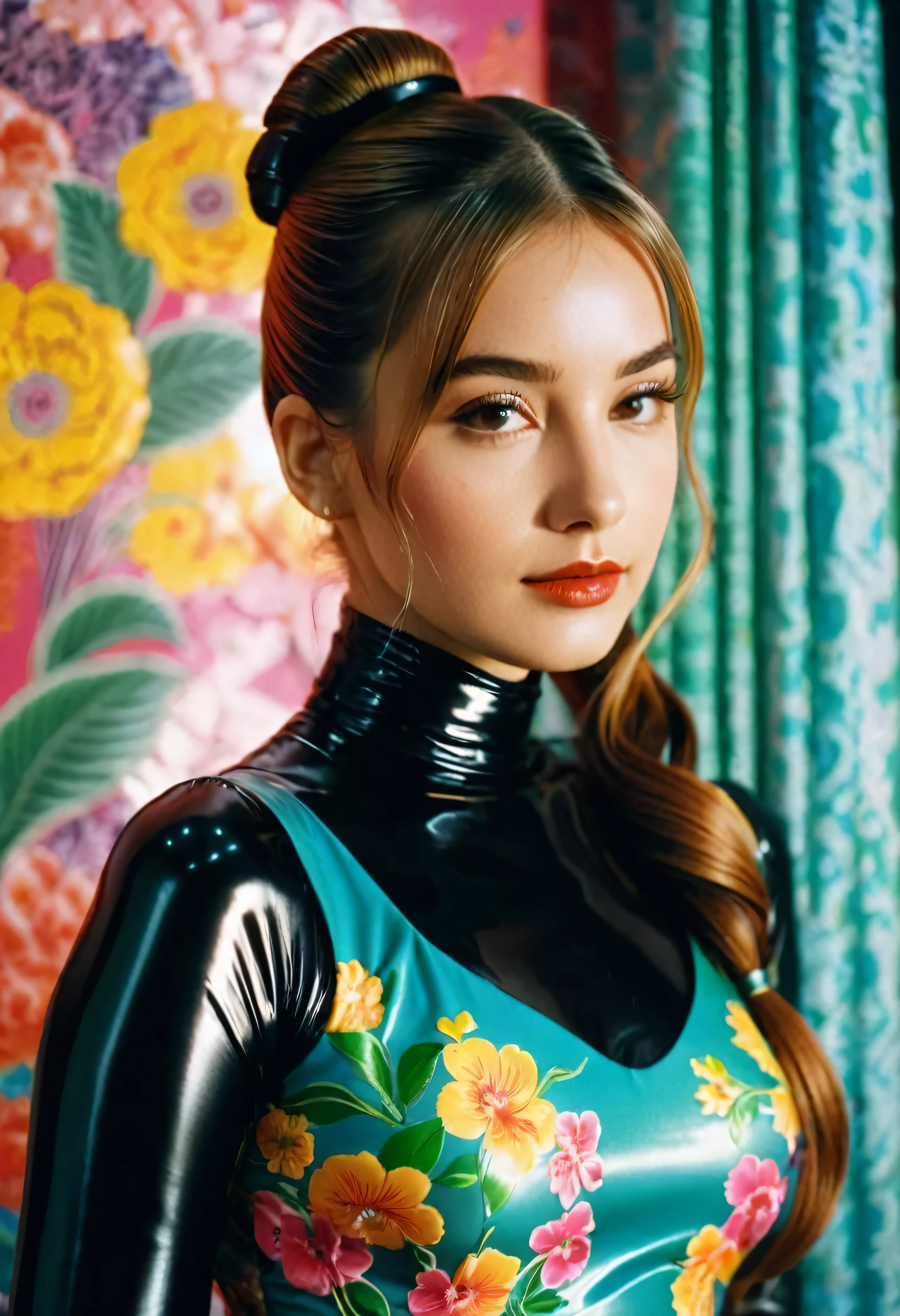 A captivating close-up shot on Cinestill 800 film stock captures the introspective expression of a 28-year-old woman, her twintail hairstyle and latex attire exuding intimacy as she contemplates something profound amidst the dimly lit private study's mystique atmosphere. Framed by lush floral patterns and ruffles on her bold, 1990s-style dress, her confident pose showcases curves accentuated by flowing fabric. The vibrant background swirls with shapes and hues, drawing the viewer's eye to her radiant smile and bright, inquisitive gaze.