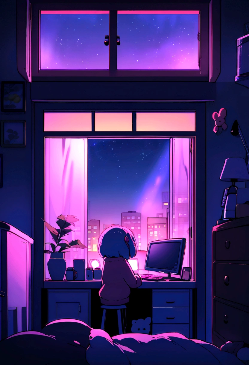 imagem 16:9 lofi character in room with pc neon lights a window in the night sky