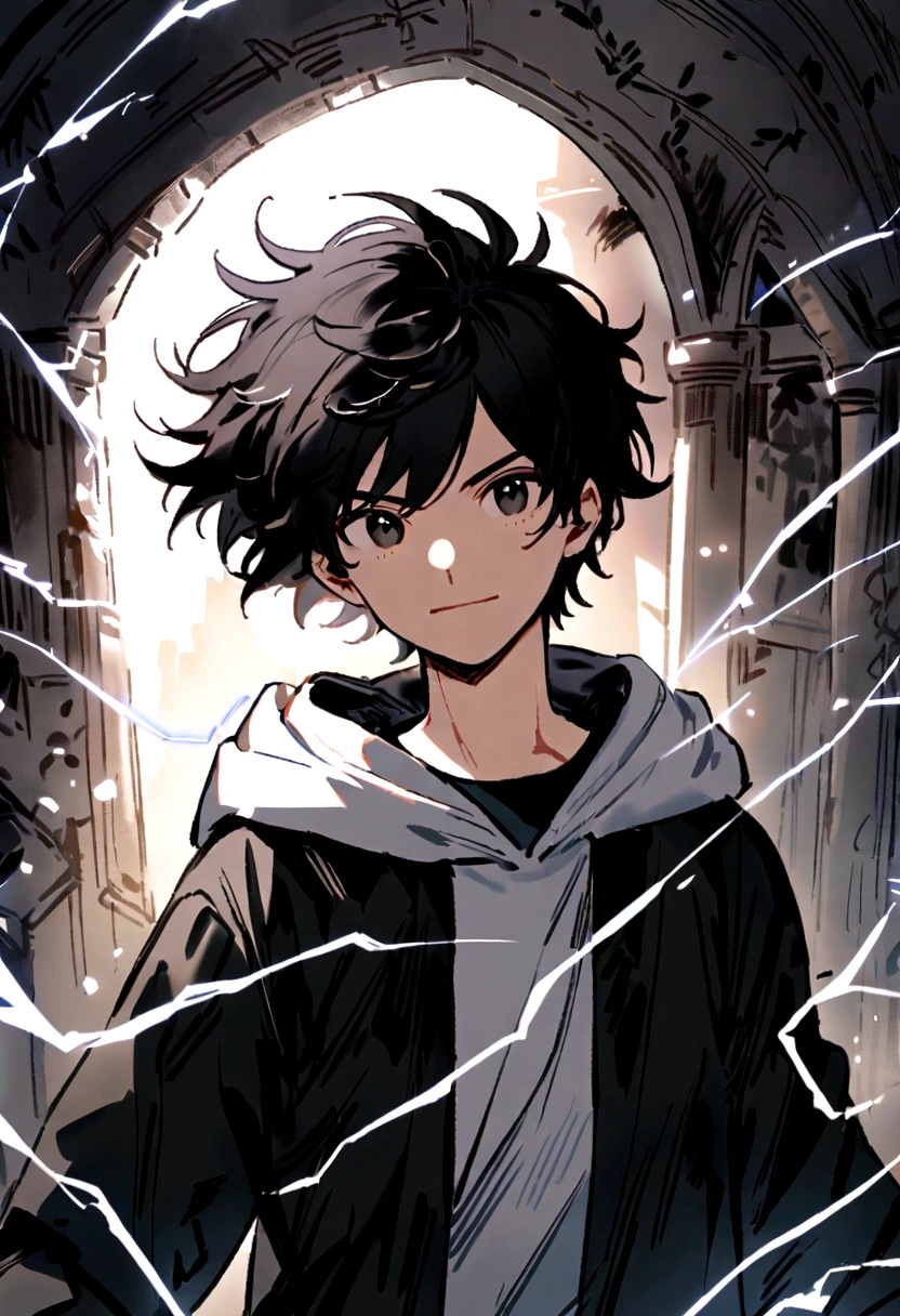 Man Long black hair black and white sweatshirt with electricity on his body