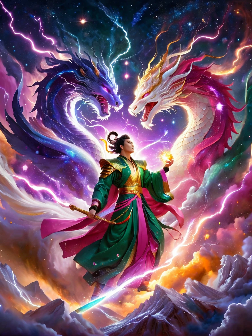 An epic clash between divine beings. The sky showcases extravagant shades of violet, pink, and gold against the backdrop of stars and galaxies. One fierce deity, an East Asian male with burning eyes and white attire, summons lightning, illuminating the battlefield. The other entity, a Middle Eastern female exhibiting serene calm, clad in a flowing green robe, wields a tome radiating ethereal light. Above, cosmic dragons twist and coil, their scales shimmering with stardust as they roar in anticipation. Below, an earth transformed by the battle displays crumbled mountains, roaring oceans, and forests set alight.