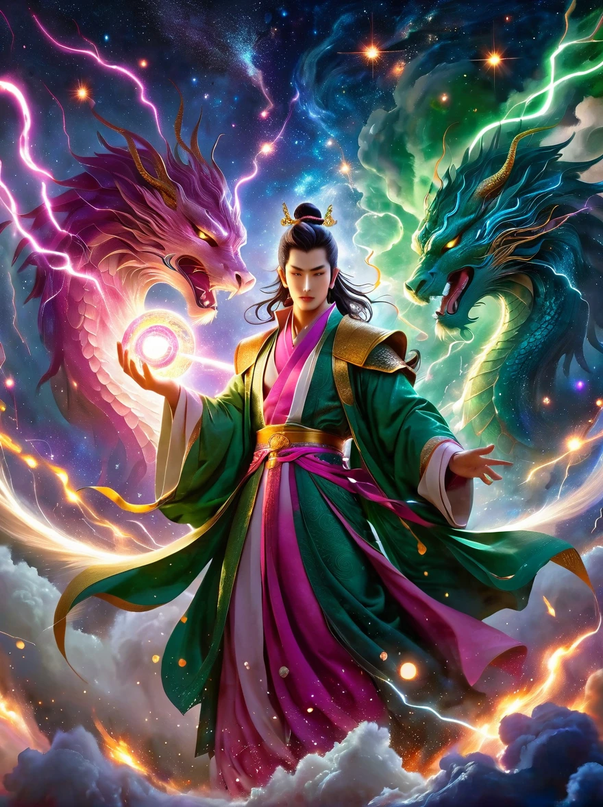 An epic clash between divine beings. The sky showcases extravagant shades of violet, pink, and gold against the backdrop of stars and galaxies. One fierce deity, an East Asian male with burning eyes and white attire, summons lightning, illuminating the battlefield. The other entity, a Middle Eastern female exhibiting serene calm, clad in a flowing green robe, wields a tome radiating ethereal light. Above, cosmic dragons twist and coil, their scales shimmering with stardust as they roar in anticipation. Below, an earth transformed by the battle displays crumbled mountains, roaring oceans, and forests set alight.