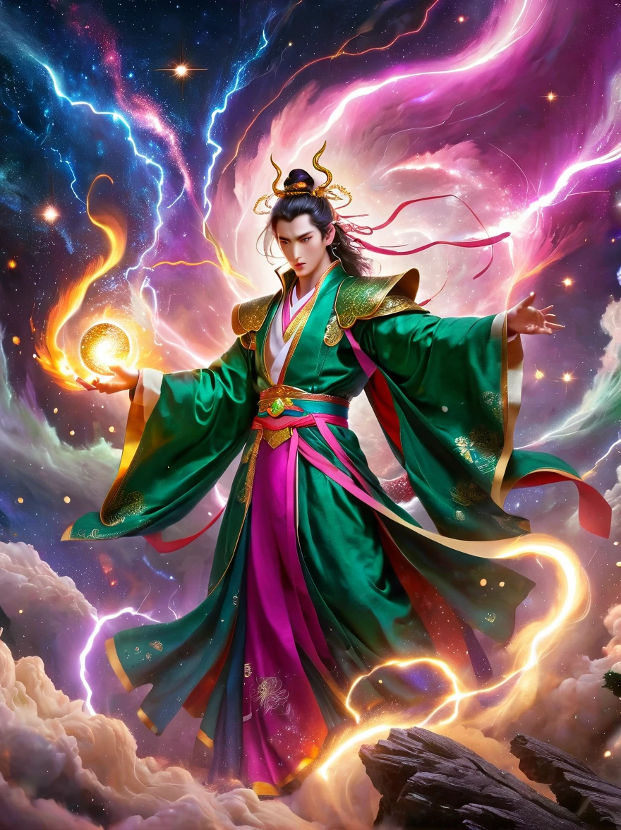 An epic clash between divine beings. The sky showcases extravagant shades of violet, pink, and gold against the backdrop of stars and galaxies. One fierce deity, an East Asian male with burning eyes and white attire, summons lightning, illuminating the battlefield. The other entity, a Middle Eastern female exhibiting serene calm, clad in a flowing green robe, wields a tome radiating ethereal light. Above, cosmic dragons twist and coil, their scales shimmering with stardust as they roar in anticipation. Below, an earth transformed by the battle displays crumbled mountains, roaring oceans, and forests set alight.