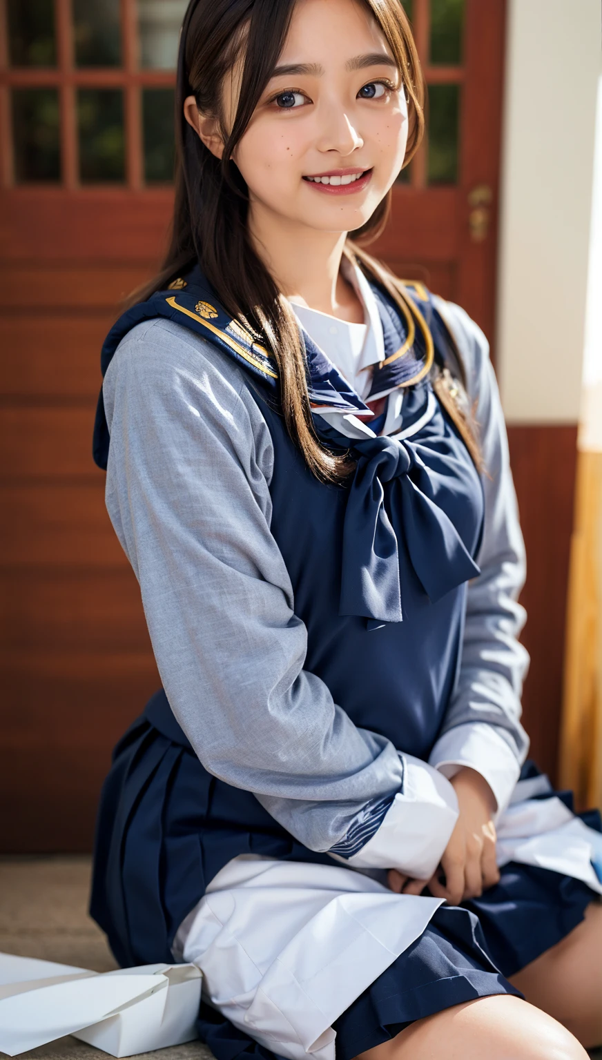 ((highest quality、8k、masterpiece:1.3)),((((fullbody shot)))),Ultra-high resolution,big eyes,Japanese,forehead,bangs,(a girl),(1 girl),((16 years old)),((cute)),pretty,((facing at viewer)),(long hair),(((black sailor uniform))),grin,(standing)