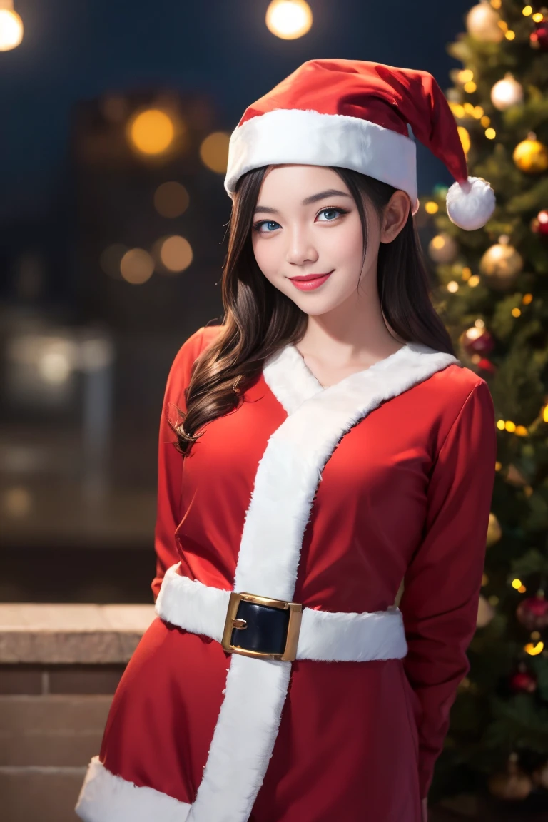 masterpiece, best quality, ultra-detailed, illustration,1girl, looking at viewer, best quality,depth of field,(closed mouth,light smile,blue eyes:1.1),beautiful detailed glow , (santa costume:1.3),(hands behind back:1.3),(arms behind back:1.3),blaze (arknights),